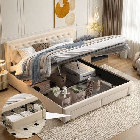 Lit Koffer 160x200 cm - TANANT - Beige - Veloursstoff - 2 Schubladen - Praktischer Stauraum