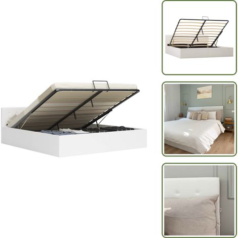 Cadre de lit avec rangement hydraulique 180x200 cm similicuir - Cadre De Lit - Lit Double - Lit Blanc - Meuble De Chambre - Rangement Sous Lit
