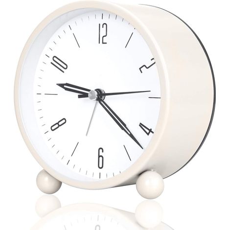 Réveil analogique rond à piles, silencieux (sans tic-tac), design simple et élégant pour la chambre, le bureau, la table de chevet, le bureau ou le travail. Fonction veilleuse incluse. (1/5)