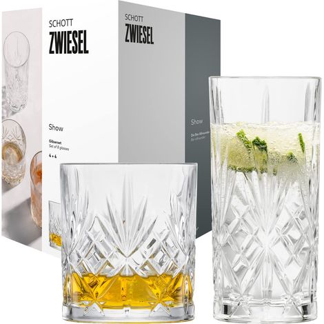 SCHOTT ZWIESEL Set di 8 bicchieri Show, 4 graziosi bicchieri da long drink e 4 da whisky con rilievo, bicchieri in cristallo lavabili in lavastoviglie (art. 121881) (1/5)