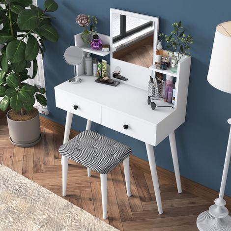 Tocador Sutera, mueble de maquillaje con espejo, 2 cajones, estructura negra, 103x40x112h cm blanco (1/5)