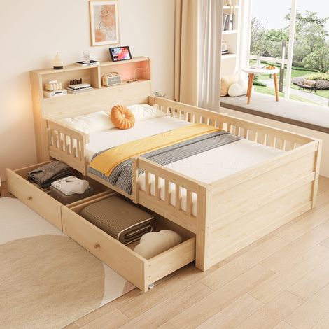 Modernluxe - Lit enfant en bois 90 x 190 cm - avec 2 tiroirs - avec prises USB + Type-C - avec petite lampe LED - naturel (sans matelas) (1/5)