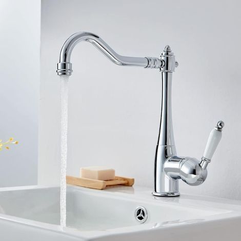 Robinet de Cuisine Elégant Mitigeur Évier Bec Haut Rotation à 360° Robinet Évier de Cuisine Rétro en Laiton Chromé (1/4)
