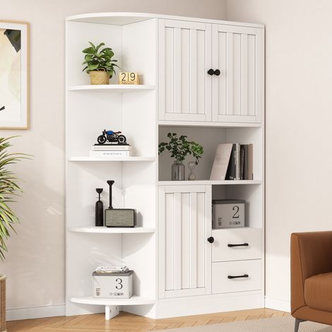 Armoire d'angle - Vitrine 104x35x155cm - avec 3 placards et 2 tiroirs - armoire haute avec 14 espaces, étagères - blanc (1/5)