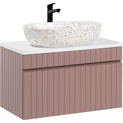 ICON Set: Unterschrank 80cm in Puderrosa + weiße Waschtischplatte + gesprenkeltes Aufsatzwaschbecken