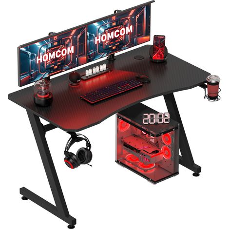HOMCOM Gaming Desk Steel Frame Cup Headphone Holder Adjustable Feet Black