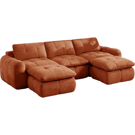 Divano modulare a U senza braccioli in ciniglia arancione con 2 pouf, 264 x 160 x 68 cm (1/5)