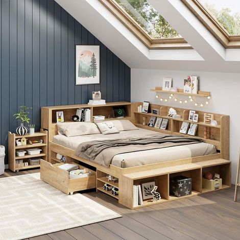 Lit enfant 140 x 200 cm en bois massif avec rangements (tiroirs, étagères, placard) - sommier inclus, naturel