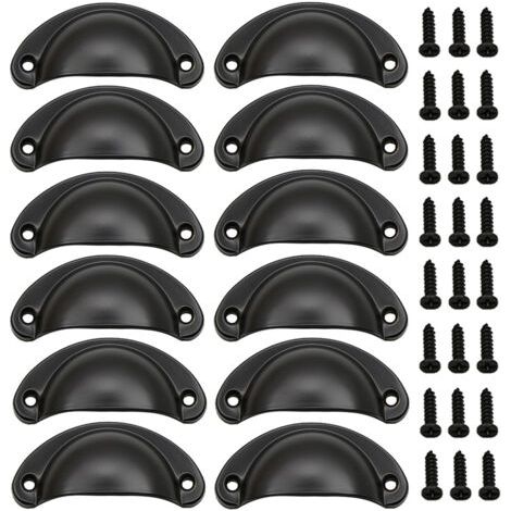 Poignée de porte vintage en fer forgé, 8 cm x 3,5 cm (noir), lot de 12, avec vis, pour tiroirs et meubles. (1/5)