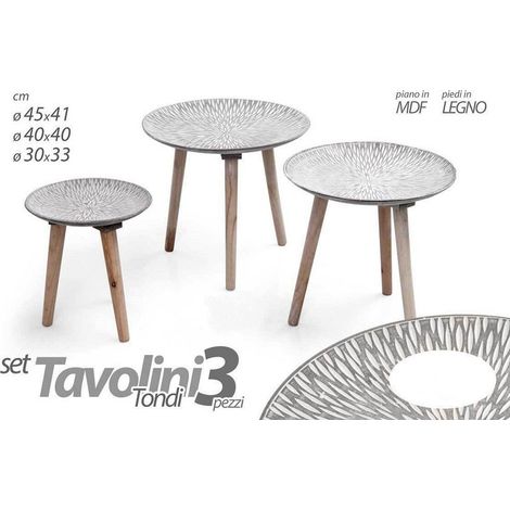Kaela - Set 3 Tavolini Tavolo Mdf Piedi Legno Salotto Giardino ø45-40-30cm Tondi 783944 - (1/2)