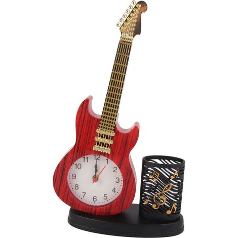 Réveil de bureau vintage en forme de guitare, à piles, en ABS, avec porte-crayons, idéal pour la chambre ou le bureau. Fonctionne sur piles. Parfait pour la chambre ou le bureau. (1/5)