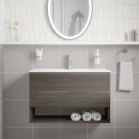 Meuble de salle de bain suspendu 80 cm chêne foncé avec un tiroir, un compartiment ouvert et un lavabo inclus Mod. Sauris