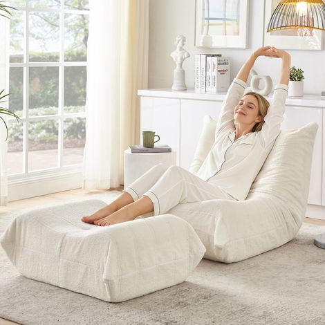 Poltrona relax con schienale reclinabile e poggiapiedi, tessuto teddy e schiuma, beige, senza montaggio (1/5)