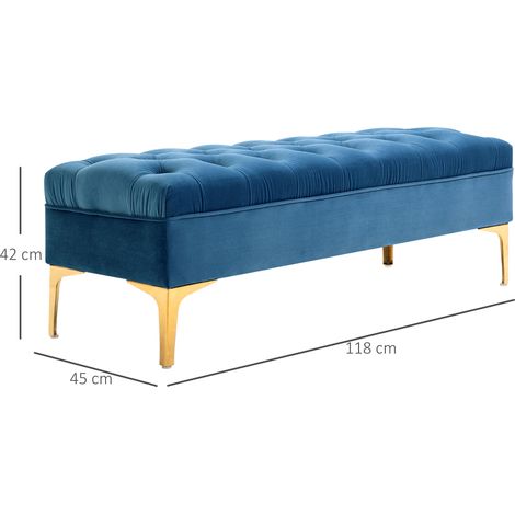 Banc capitonné avec assise en velours et piètement en métal doré, 118 x 45 x 42 cm, bleu (1/5)