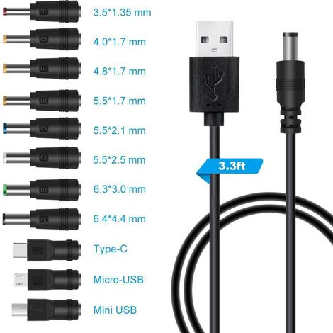 cable usb vers dc 5v,Câble USB vers DC d'alimentation,11-en-1 DC adaptateur alimentation 5.5 x 2.1mm DC Barrel Jack pour Ordinateur Portable, Routeur etc(1m, noir)