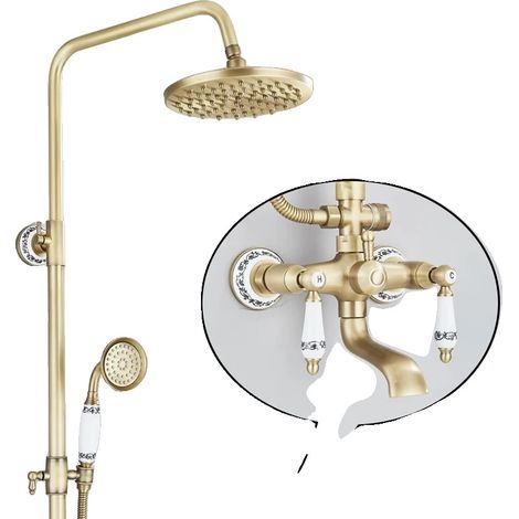 Set di rubinetti doccia in ottone antico, doppia maniglia, soffione a pioggia, H antico (1/2)