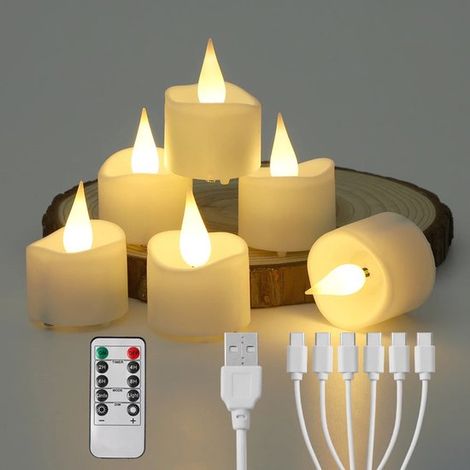 6 lumini LED ricaricabili senza fiamma con timer e telecomando 5 candele artificiali lampeggianti da 3,5 cm per matrimoni e Halloween. (1/5)