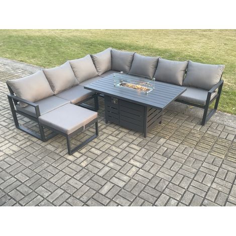 Fimous Aluminium 7 Pieces Garden Furniture Corner Sofa Set with Cushions Gas Fire Pit Dining Table Set Gas Heater Burner with Big Footstool Dark Grey (1/5)