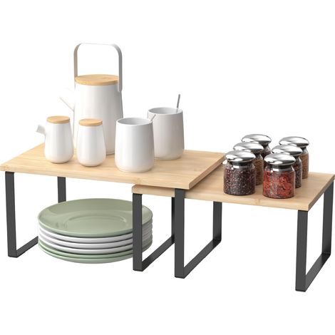Étagère pour Épices Organisateur Mod. Soren Set de 2 Pièces Étagères Empilables 32 x 20 x 15,6 cm / 28 x 18,5 x 13,9 cm Acier et Bambou Couleur Noir et Bois Naturel (1/5)