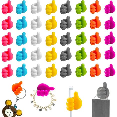 40 Stück Silikon Daumen Wandhaken 22cm, Daumenhaken Selbstklebend Handgestenhaken, Silikon Haken Daumen Hoch Halter Selbstklebende Kabelhalter für USB Ladekabeln Schlüssel Hut Make Up Pinsel(Farben zu (1/5)