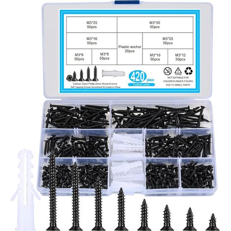 Vis Autotaraudeuses - M3 Acier Au Carbone - Tête Plate Phillips - Pour Bois Métal Plâtre Plastique - 420 Pièces (6mm à 30mm + 20 Ancrages M6) (1/5)