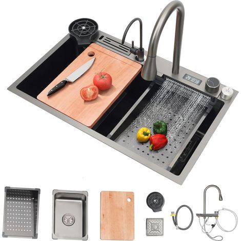 Lavello da cucina con display digitale a cascata in acciaio inox, singolo ciotola, lavello da incasso, grande lavello, 1 vasca, con tagliere e scolapiatti, 75 x 46 x 22 cm (1/5)