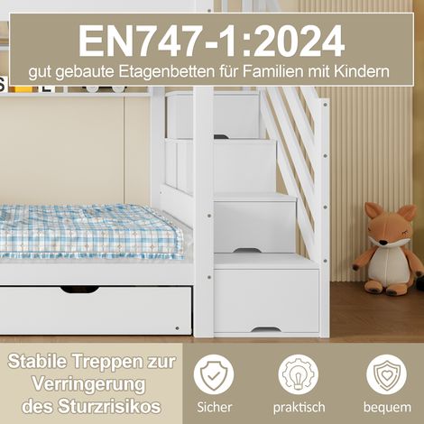 Lit superposé enfant sans matelas, avec lit gigogne, étagère, armoire et rangement intégré, 90x200 cm, blanc (1/5)