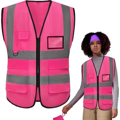 Rose Xl Gilet De Sécurité Avec Poches Et Fermeture Éclair,Gilet Fluorescent De Sécurité,Gilet De Securite Reflechissant,Gilet Reflechissant, Hi Viz Gilet Avec Zippé
