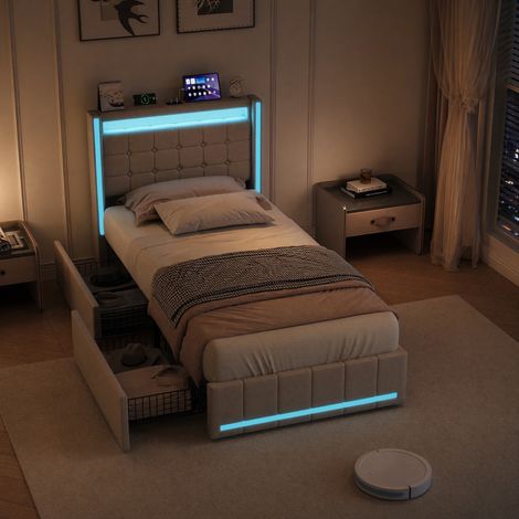 Lit simple LED 90x200cm Cadre de lit avec tiroirs et prise USB Moderne Tissu en lin pour Chambre - Beige (1/5)