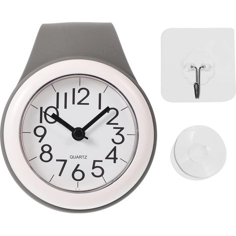 Horloge Murale à Quartz Étanche Ventouse pour Salle De Bain Cuisine, Chiffres Modernes, Poignée Suspendue, Support pour Serviette Et Clés, Gris (1/5)