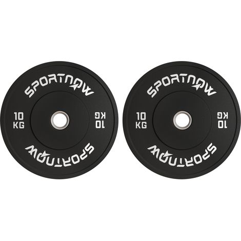 Set de 2 disques de poids halterophilie 10 kg en caoutchouc pour barre 5 cm, trou Ø 50 mm, noir (1/5)