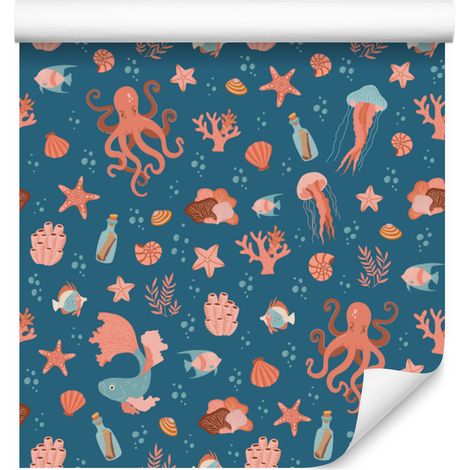 Papier peint animaux marins bleu et turquoise pour salon et chambre 50x1000 cm (1/5)