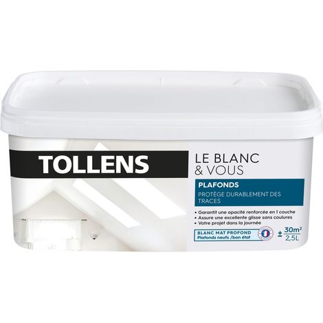 Tollens – Peinture plafond blanche mate 2,5L – Opacité renforcée en monocouche – Séchage rapide 1H – Masque les imperfections – Pour plafonds neufs