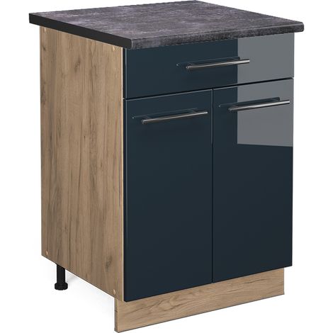 Mobiletti da cucina  Fame-Line, Blu scuro lucido, 60 cm con cassetto, PL Antracite, Vicco