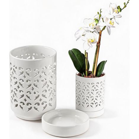 Pots à orchidées en céramique blanche respirante de 10 cm (4 pouces) avec trous de drainage et soucoupe pour orchidées et plantes d'intérieur