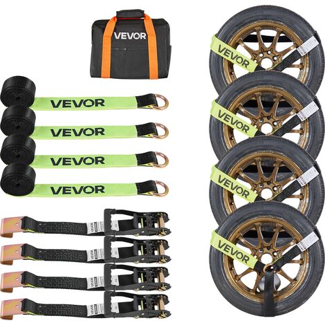 VEVOR Kit de Amarre de Calzo de Ruedas 50,8 x 3048 mm, Correas de Amarre para Rueda con Ganchos Planos, Resistencia a la Rotura de 4540 kg, Carga de Trabajo de 1512 kg, para Vehículos, SUV, Remolques