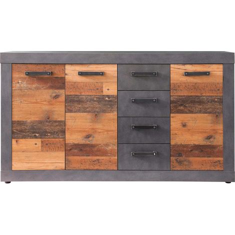 Buffet 3 portes 4 tiroirs 151x37x86 cm en panneaux de particules mélaminés – Décor bois vieilli et gris ardoise – Pour salle à manger moderne – Trendteam (1/5)