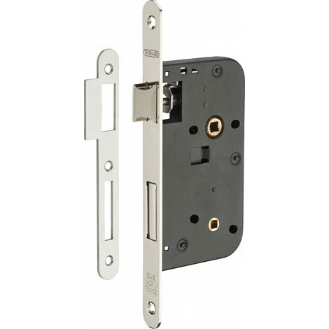 Thirard – Serrure encastrable à condamnation pour porte de salle de bain – Axe 50mm – Acier nickelé – Coffre embouti – Demi-tour réversible (1/2)