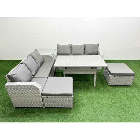 Fimous Outdoor Garden Furniture Sets 8 Seater Wicker Rattan Furniture Sofa Sets with Rectangular Dining Table high Back Lounge Sofa 2 Big Footstool Side Table Light Grey (1/4)