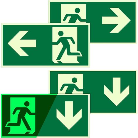 4 Pièces Panneau Sortie de Secours, 30x15cm Autocollant Panneau Issue de Secours Fluorescente, 1“Gauche”, 1“ Droite” et 2“ Bas”