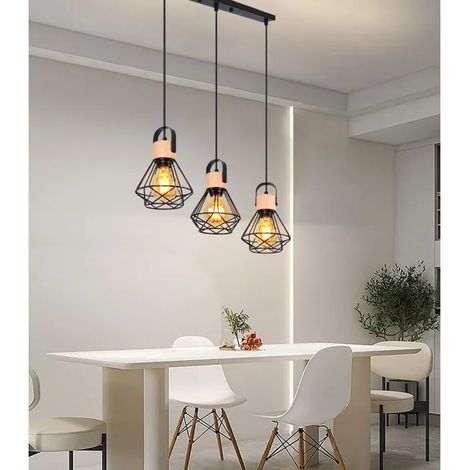 ElektraH 3 Lustres Suspensions Industrielle, 16CM Vintage Lampe de Plafond en Fer et Bois Rétro Design Cage pour Salon Chambre (1/5)