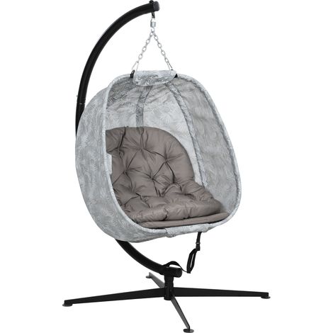 Hanging Egg Chair Outdoor Indoor Garden Swing Chair with Folding Basket, Garden Hanging Chair with Stand, Thickened Cushion, Cup Holder for Patio, Balcony, Sand Brown (1/5)