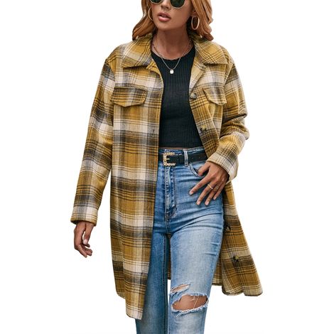 Manteau long femme ITFABS, veste shacket à carreaux, col châle, boutonnage simple, coupe droite, élégante, pour mi-saison, taille unique. (1/5)