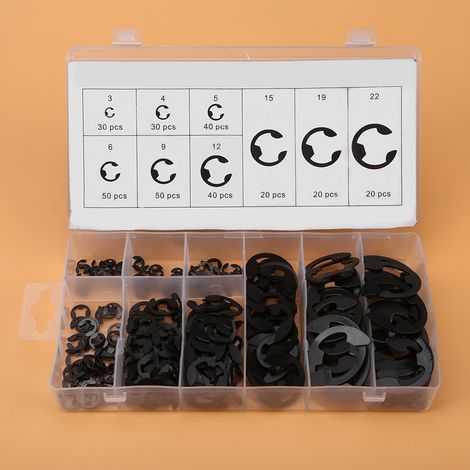 300 Stück schwarze Metall-E-Clips, E-Ring-Schaftsicherungsringe, Sortiment 3 mm–22 mm, mit Box (1/5)