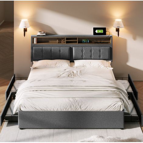 Cama doble tapizada con almacenaje y USB gris OKMYHOME (1/5)