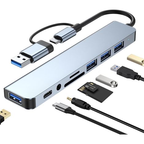 Hub USB-C/USB 3.0 haute vitesse 8 en 1, station d'extension 8 ports avec lecteur de cartes SD/TF, compatible avec MacBook/iPhone/iPad et consoles de jeux (1/5)