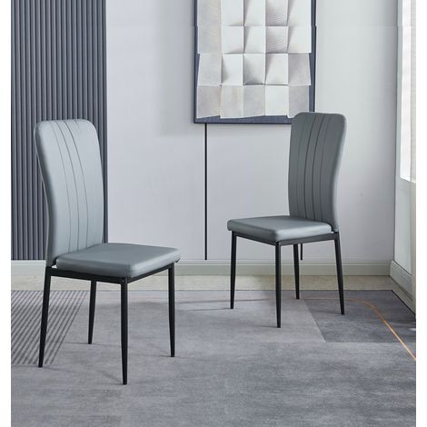 Hallowood Furniture Cullompton Dining Chairs Set of 2, Upholstered Light Grey Faux Leather Dining Chairs with Solid Back and Sturdy Black Metal Legs for Home, Office and Cafe (1/5)