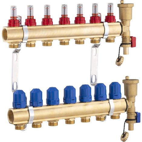 Noyon & Thiebault – Collecteur laiton 7 boucles pour plancher chauffant – Vannes thermostatisables avec capuchons bleus – Débimètres identifiés en rouge