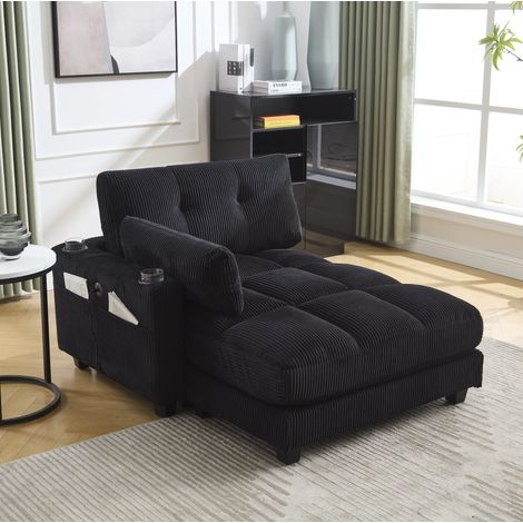 Fauteuil relax en velours côtelé noir avec têtière réglable, USB et porte-gobelets (1/5)