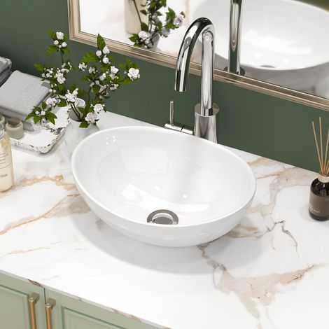 Évier de salle de bain ovale en porcelaine blanche 400 x 330 x 145 mm (1/5)
